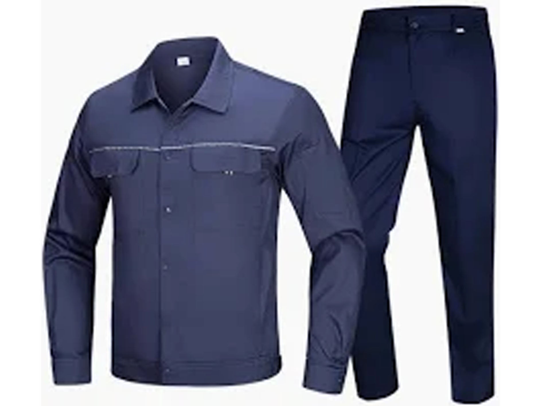 Navy blue work suit with long-sleeve shirt and pants on a white background