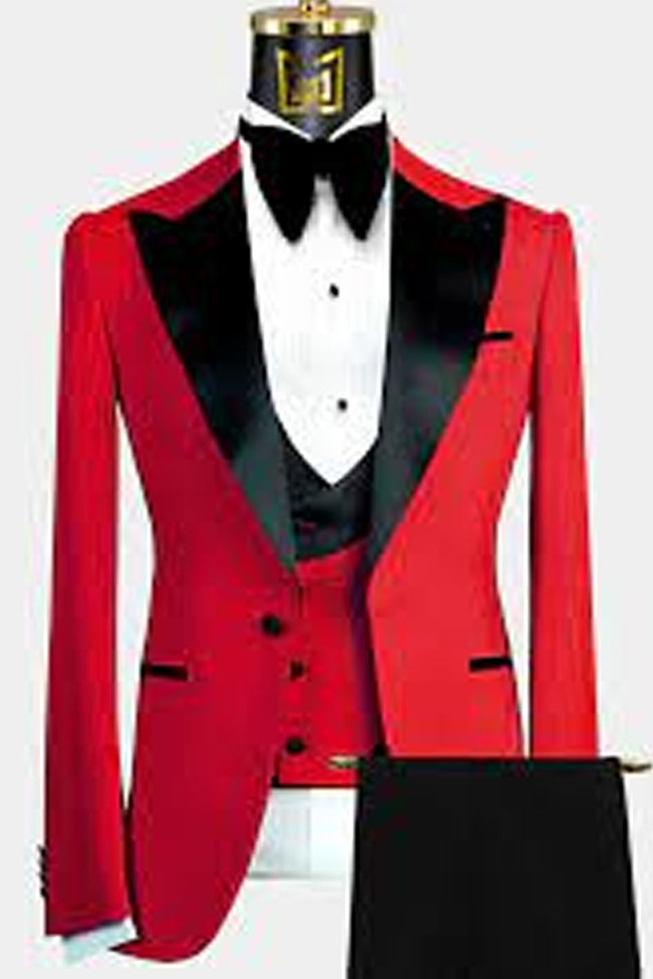 Maroon Tuxedo with black inner and pant and accessories on a white background