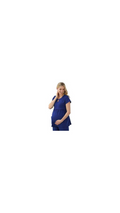 Pregnant Medical Nurse wearing a blue scrub on a white backgrounnd