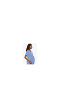 Woman wearing a blue shirt on a white background