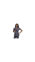 Woman wearing a gray dress on a white background