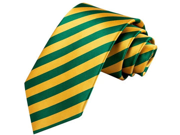 Green and yellow striped tie on a white background