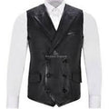 Black double-breasted vest over a white shirt on a white background