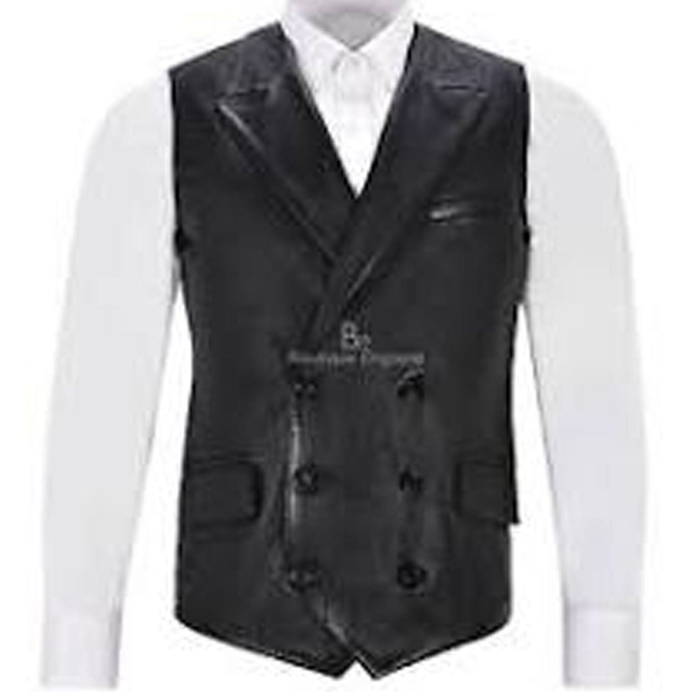 Black double-breasted vest over a white shirt on a white background