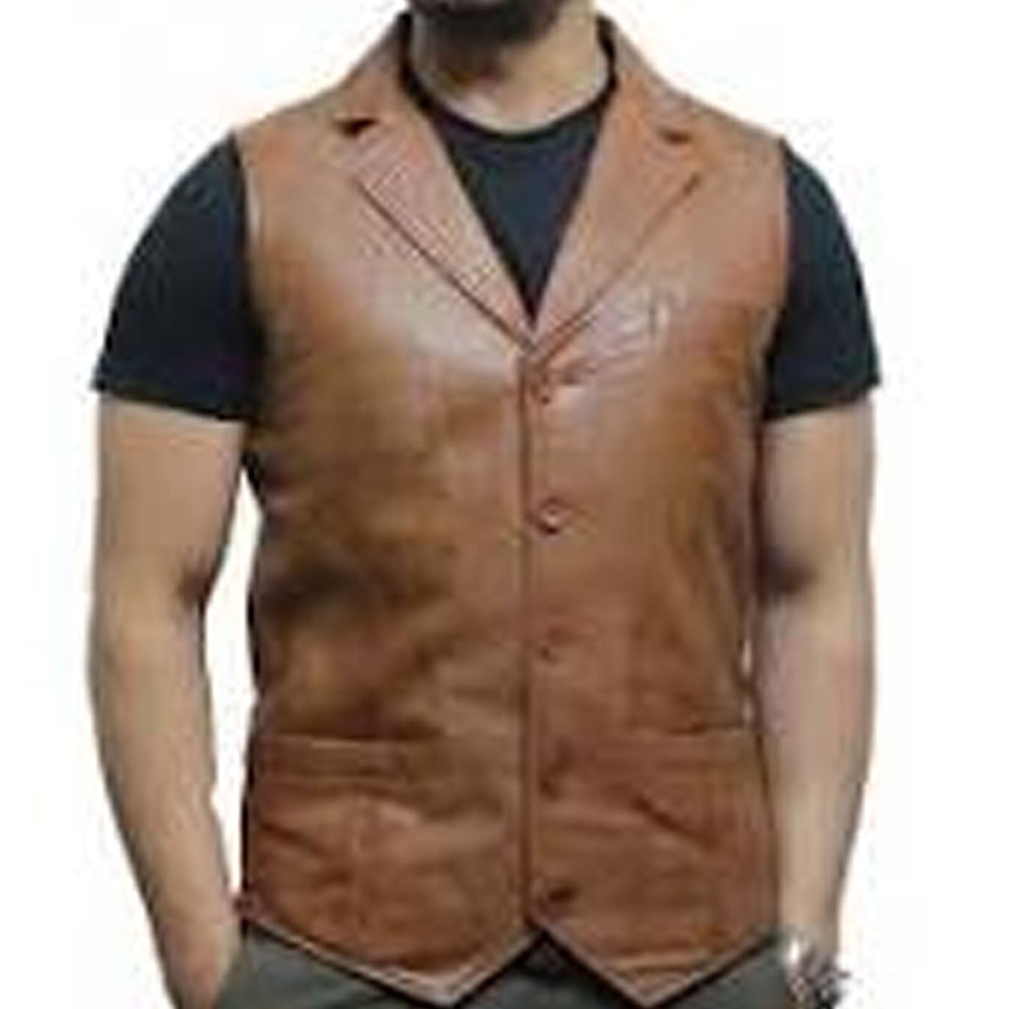 Brown leather vest worn by a person on a white background