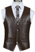 Brown leather vest on a mannequin with a white shirt and patterned tie against a white background