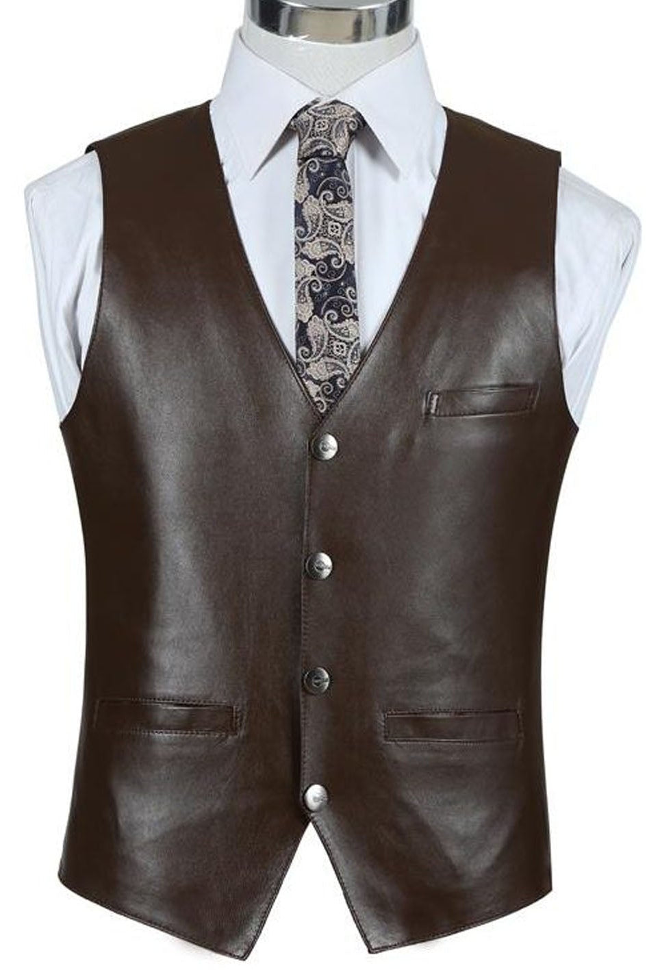 Brown leather vest on a mannequin with a white shirt and patterned tie against a white background