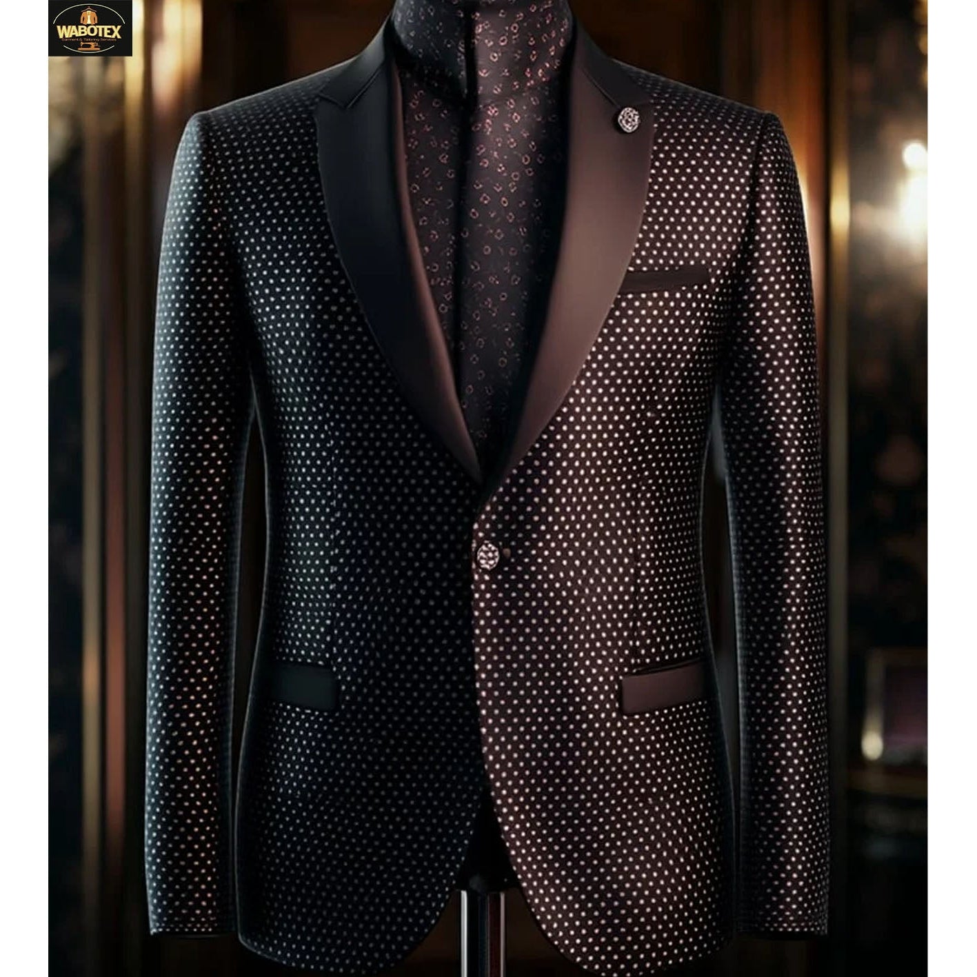 Patterned blazer on a mannequin against a blurred background