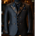 Vintage-style suit with striped pattern on a mannequin against a blurred background