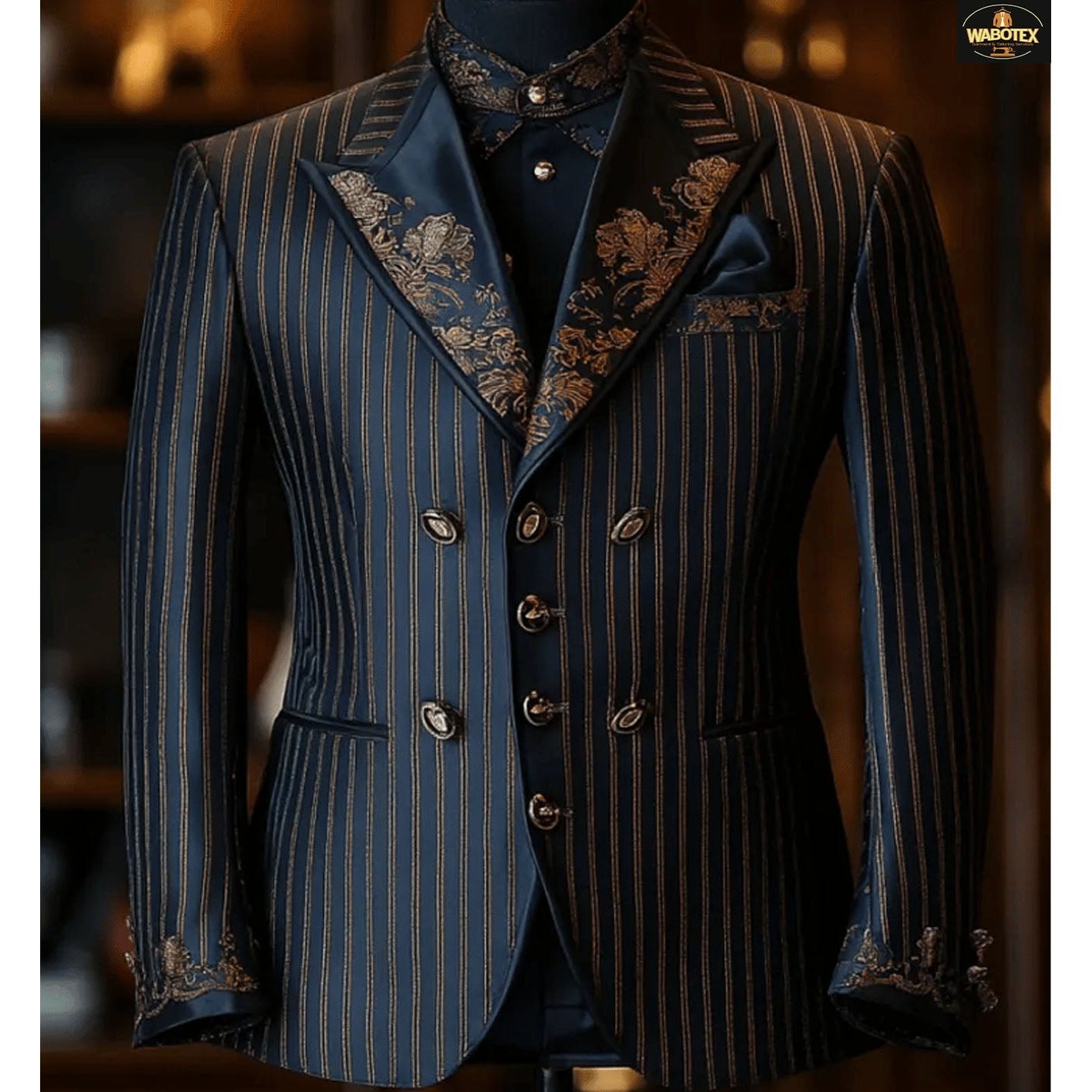 Vintage-style suit with striped pattern on a mannequin against a blurred background