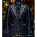 Blue checkered suit with gold accents on a mannequin against a blurred background