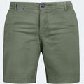 Olive green chino shorts with a button closure and a small blue 'Frankfurter' brand tag on the left waistband, shown against a light gray background.
