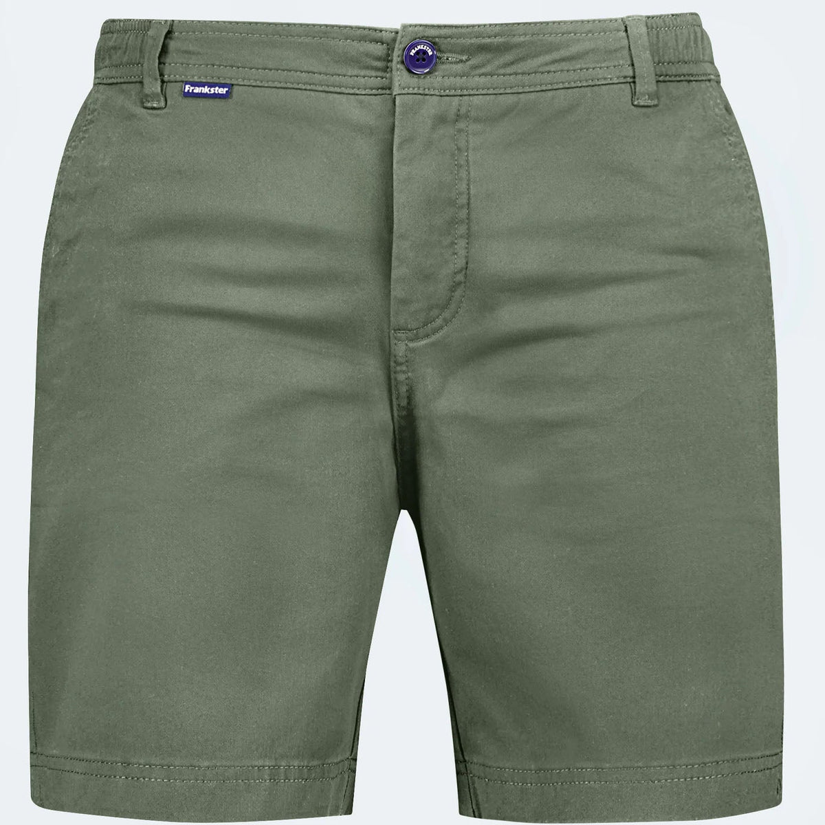 Olive green chino shorts with a button closure and a small blue 'Frankfurter' brand tag on the left waistband, shown against a light gray background.