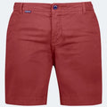 A pair of men's chino shorts in a muted brick red color, featuring a button closure, belt loops, and a small blue brand tag on the left waistband.