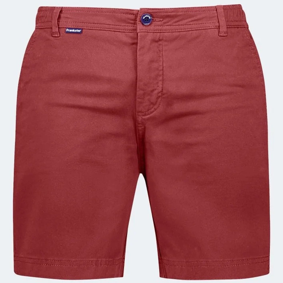 A pair of men's chino shorts in a muted brick red color, featuring a button closure, belt loops, and a small blue brand tag on the left waistband.