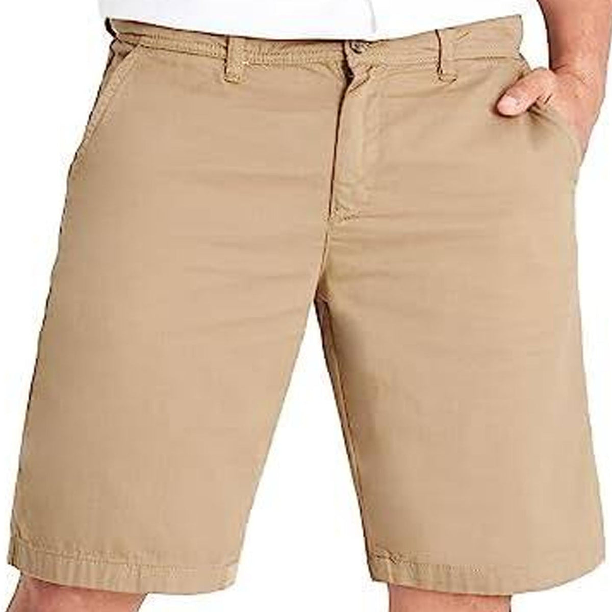 A person wearing khaki chino shorts with a white shirt partially visible at the top, shown against a plain white background.