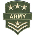 An embroidered military patch featuring three gold stars at the top, a central horizontal bar with the word 'ARMY' in gold, and two chevron stripes with a star below, all in olive green with gold embroidery on a white background.