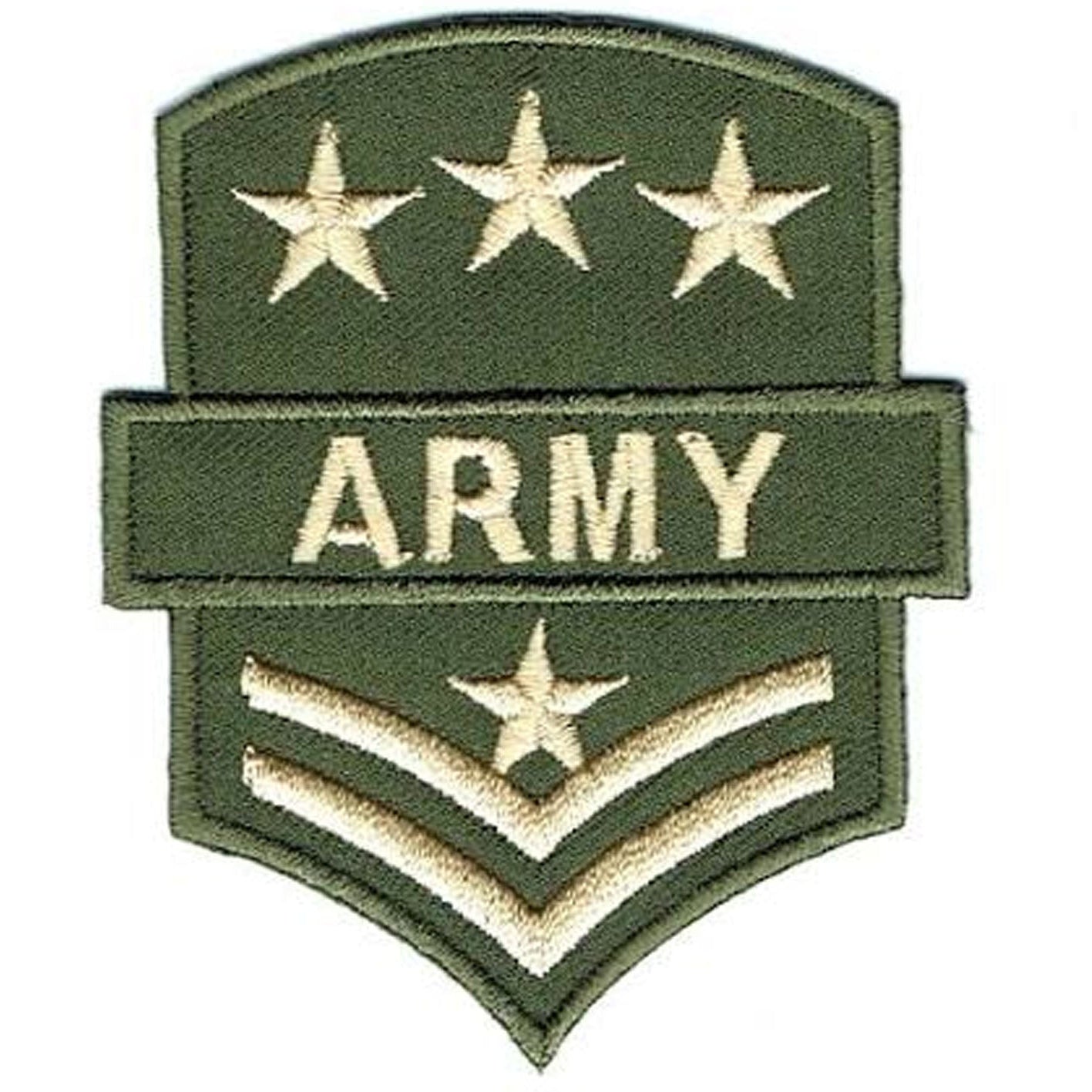 An embroidered military patch featuring three gold stars at the top, a central horizontal bar with the word 'ARMY' in gold, and two chevron stripes with a star below, all in olive green with gold embroidery on a white background.