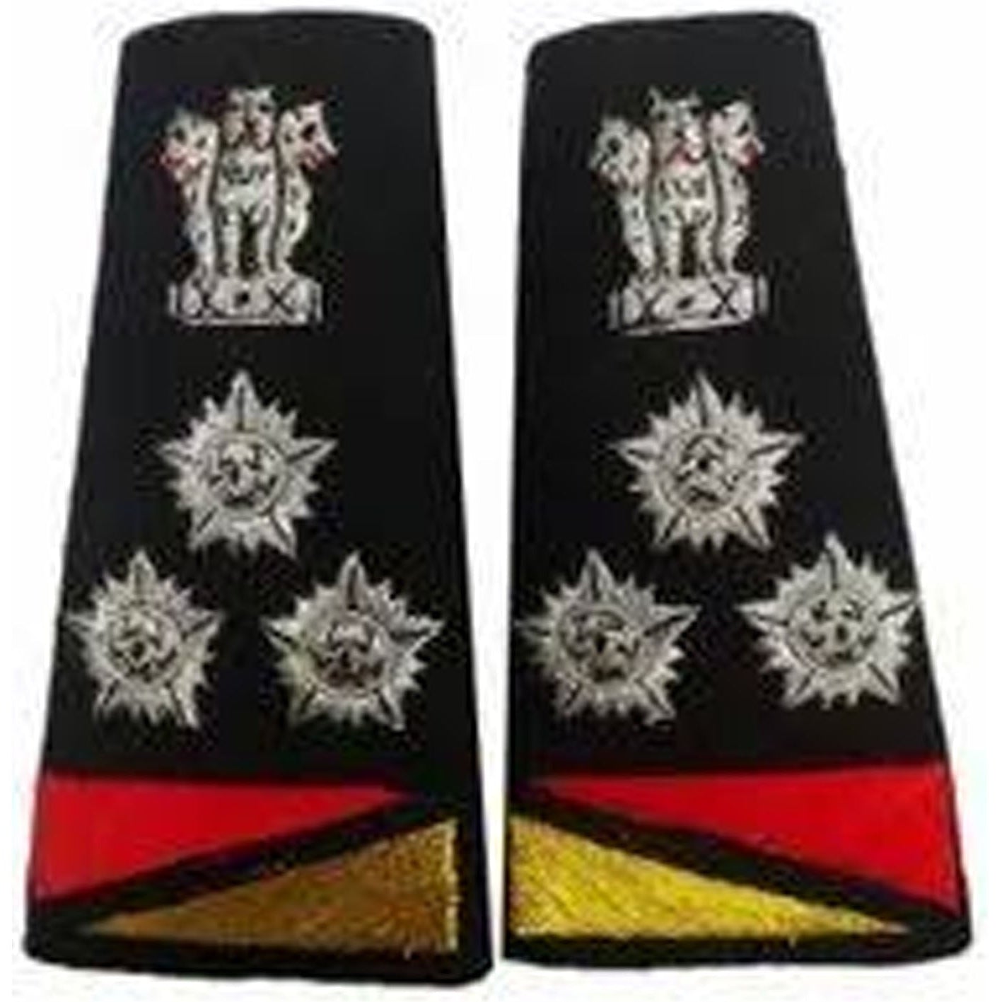A pair of black military rank insignia patches with silver embroidered crowns and star-like emblems, plus red and gold triangular accents at the bottom, shown on a plain white background.
