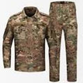 Camouflage military uniform with shirt and pants on a white background