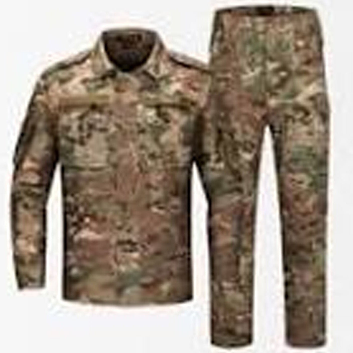 Camouflage military uniform with shirt and pants on a white background