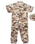 Camouflage baby outfit with hat on a white background
