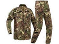 Camouflage military uniform with shirt and pants on a white background