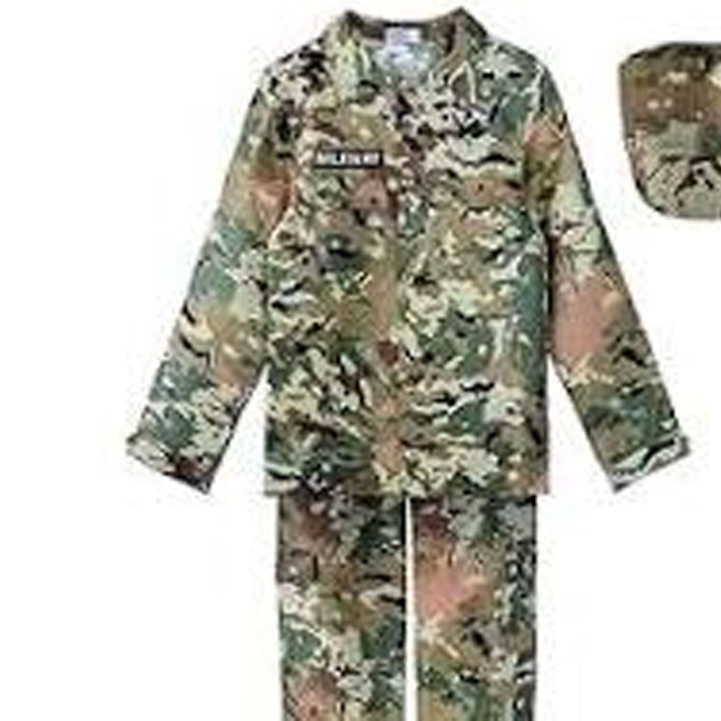 Camouflage uniform with a hat on a white background