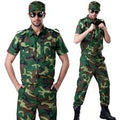 Two people wearing camouflage military-style outfits on a white background
