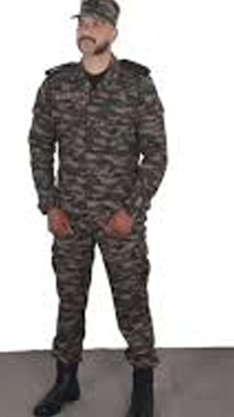 Person wearing a camouflage military uniform on a white background