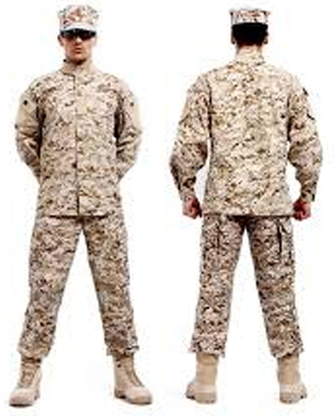 Camouflage military uniform shown from front and back on a white background