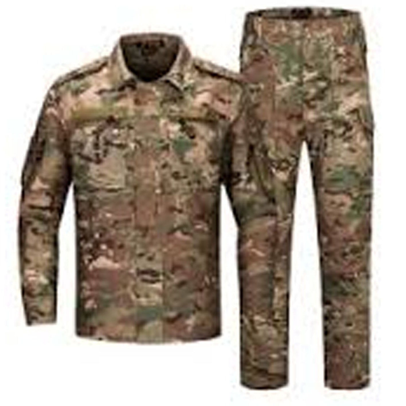 Camouflage military uniform with shirt and pants on a white background