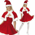 Red Santa costume with white trim worn by a model on a white background