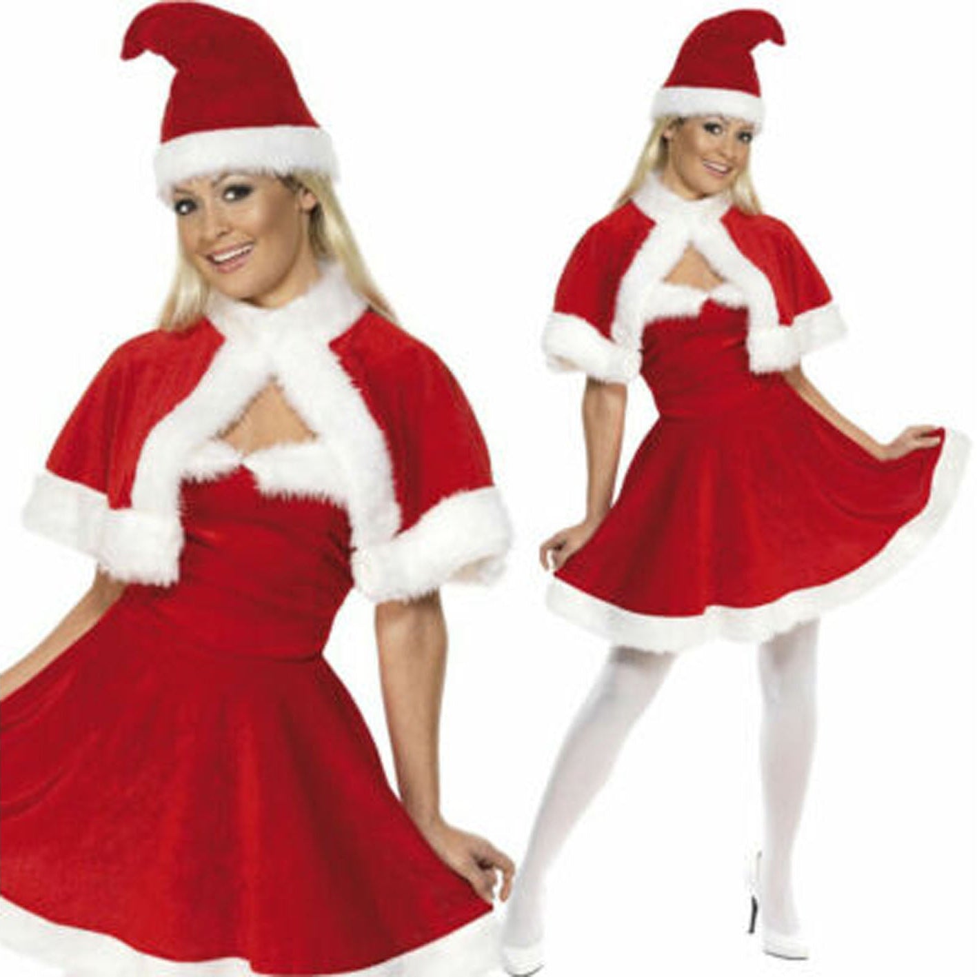 Red Santa costume with white trim worn by a model on a white background