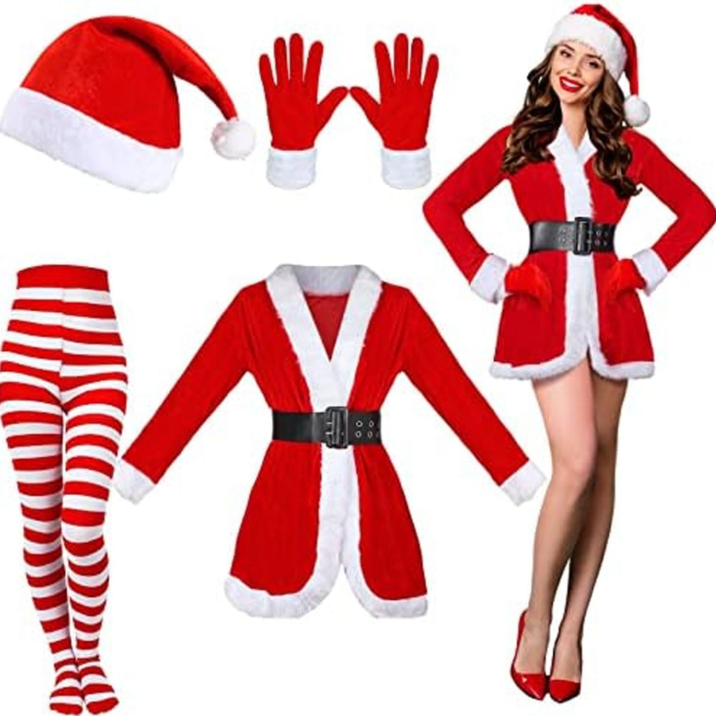 Santa Claus costume set with hat, gloves, outfit, and striped socks on a white background