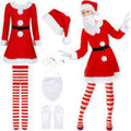 Santa Claus costume set with red dress, hat, striped stockings, and accessories on a white background.