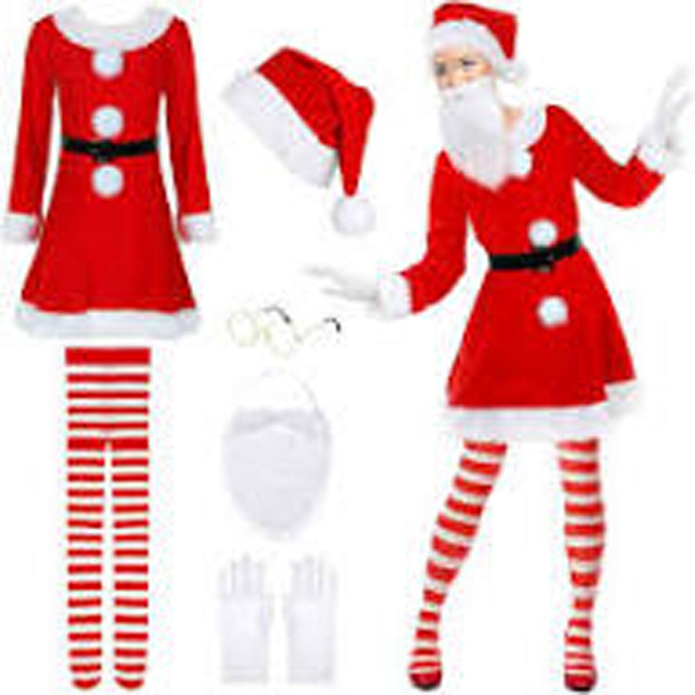 Santa Claus costume set with red dress, hat, striped stockings, and accessories on a white background.