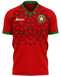 Red sports jersey with green accents and a logo on a white background
