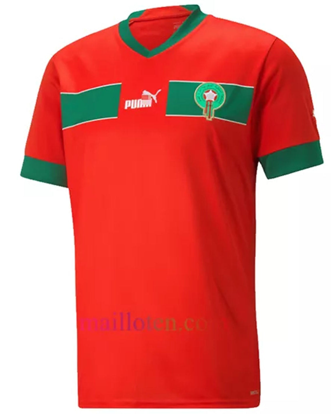 Red sports jersey with green accents and Puma logo on a white background