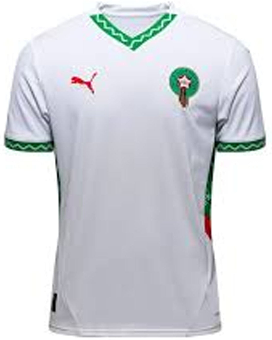 White sports jersey with green and red accents on a white background