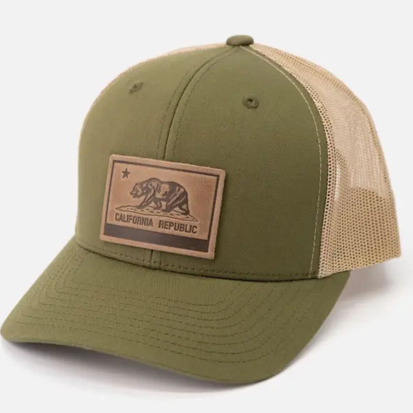 Green cap with a leather patch featuring the California Republic bear emblem on a white background