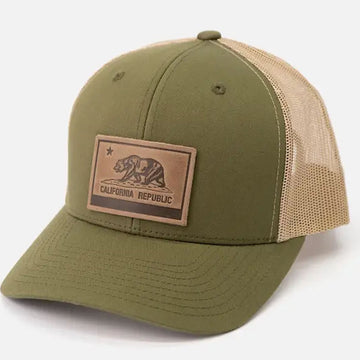 Green cap with a leather patch featuring the California Republic bear emblem on a white background