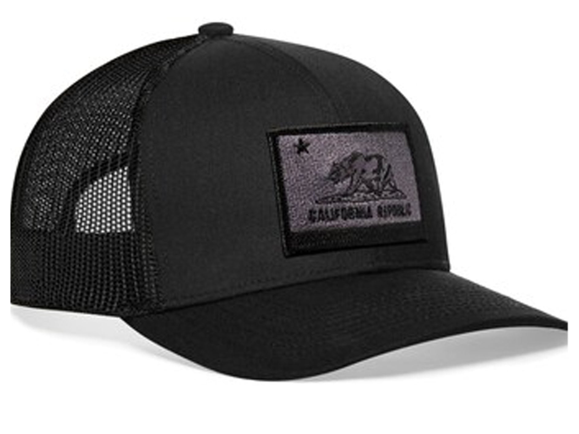 Black trucker cap with California Republic patch on a white background