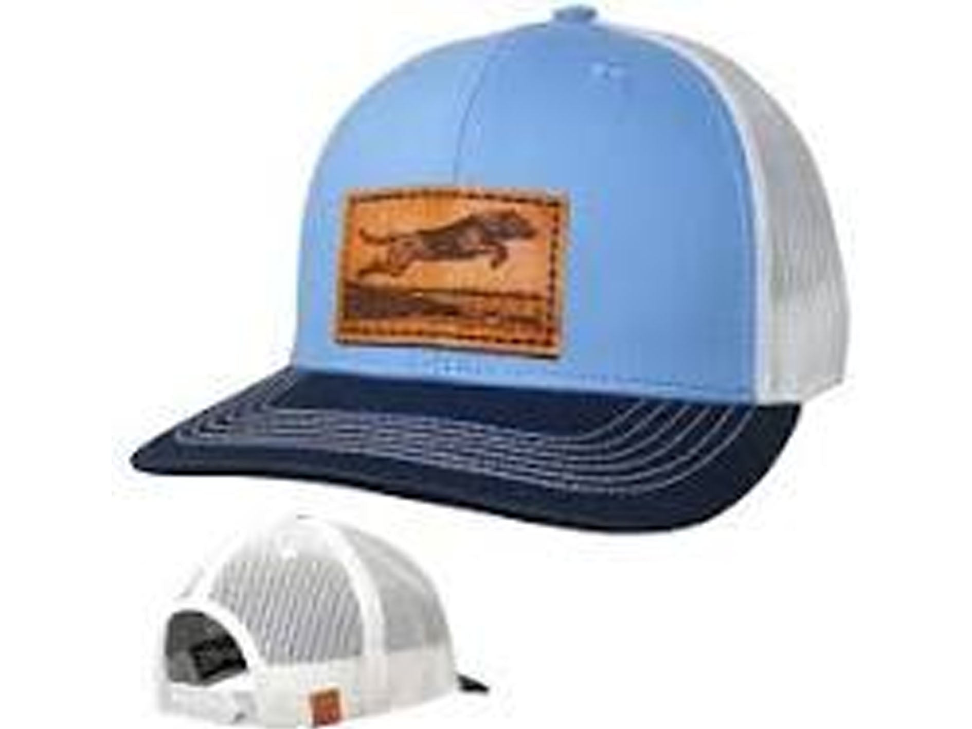 Blue and white trucker hat with a leather patch on a white background