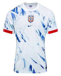 White Norway Soccer Jersey with blue patches and red cuffs