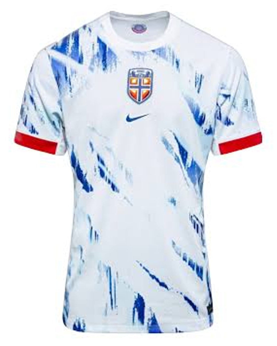 White Norway Soccer Jersey with blue patches and red cuffs