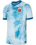 White Norweigean Football Jersey with blue patches and blue cuff with blue vneck