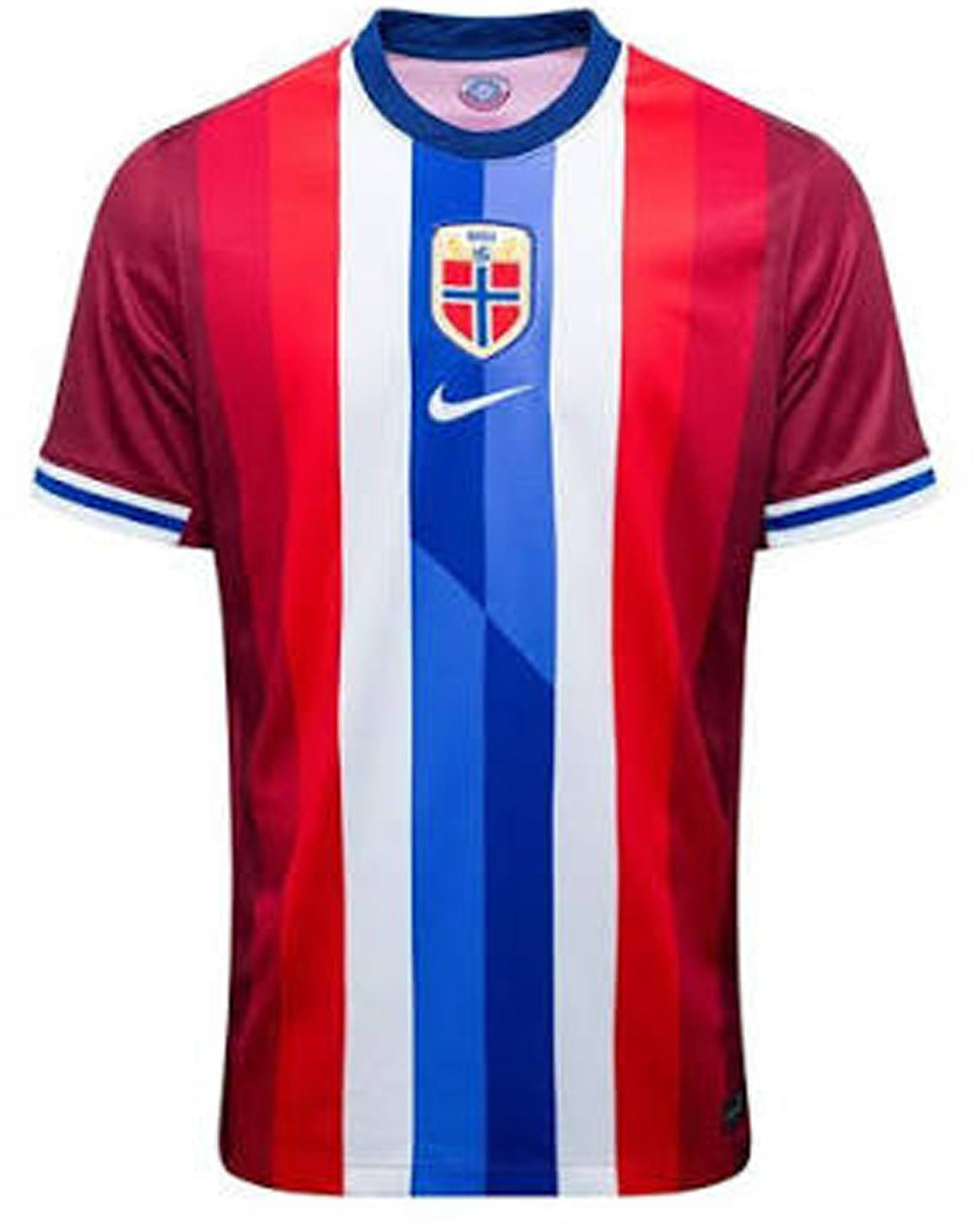 Red Norway Footbal Jersey with white and bue lining and blue and white cuff 
