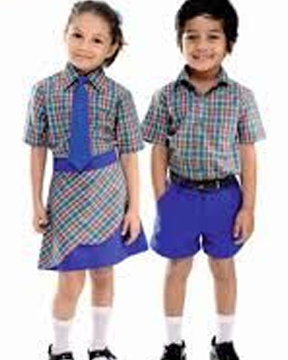 Two children modeling matching plaid school uniform sets against a plain white background. The girl wears a short-sleeve plaid shirt with a blue tie and skirt, and the boy wears a matching plaid shirt with blue shorts.