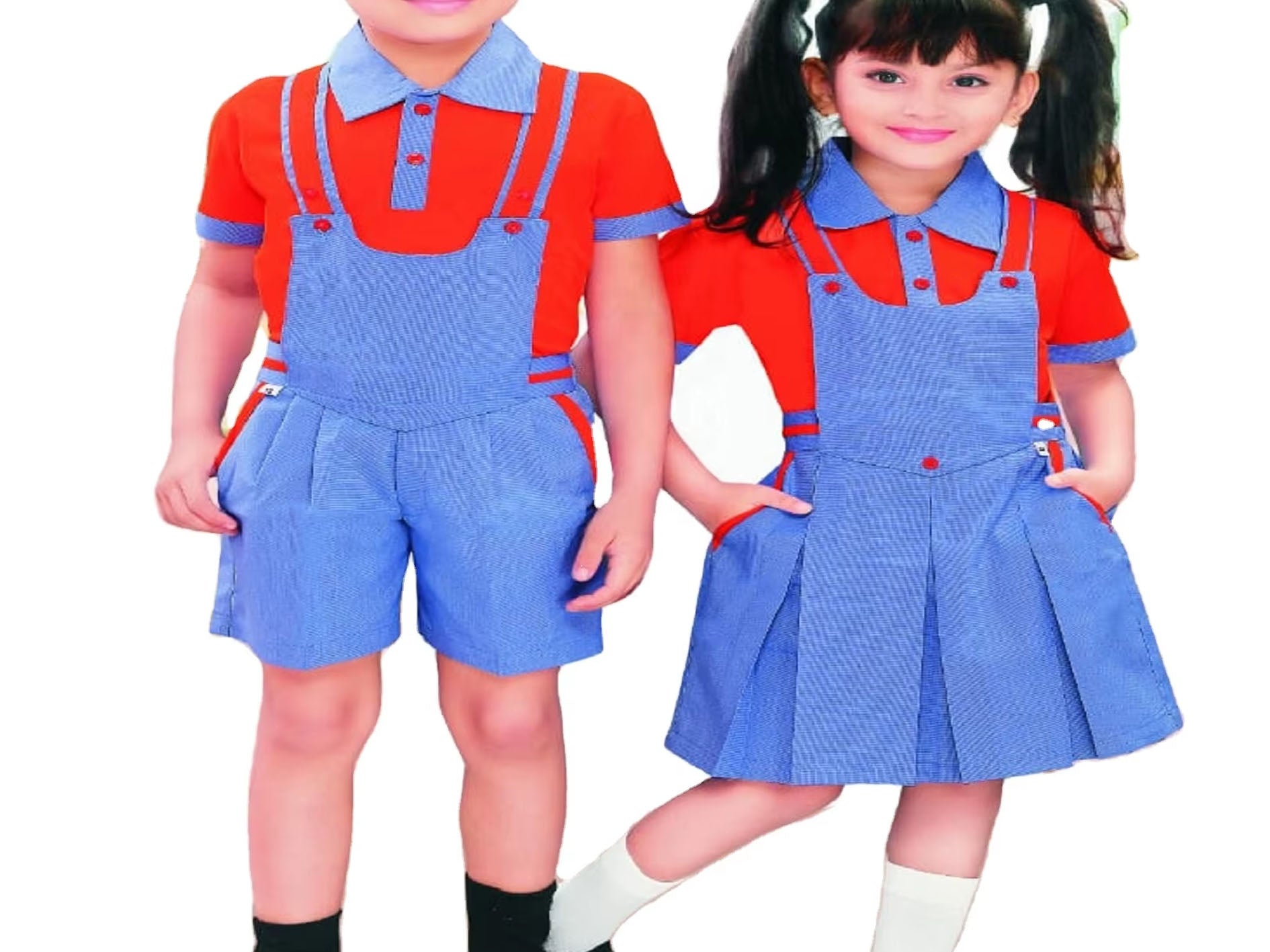 Two young children modeling matching blue and red short-sleeve polo shirt and overall-style dress sets against a plain white background.